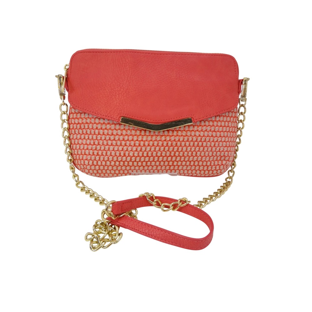 Olivia + Joy Crossbody Clutch Bag Small Watermelon Pink Woven Gold Chain